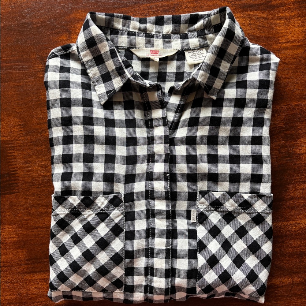 Levi's Women’s Top Short Sleeve Black/White Checkered Button Down XS